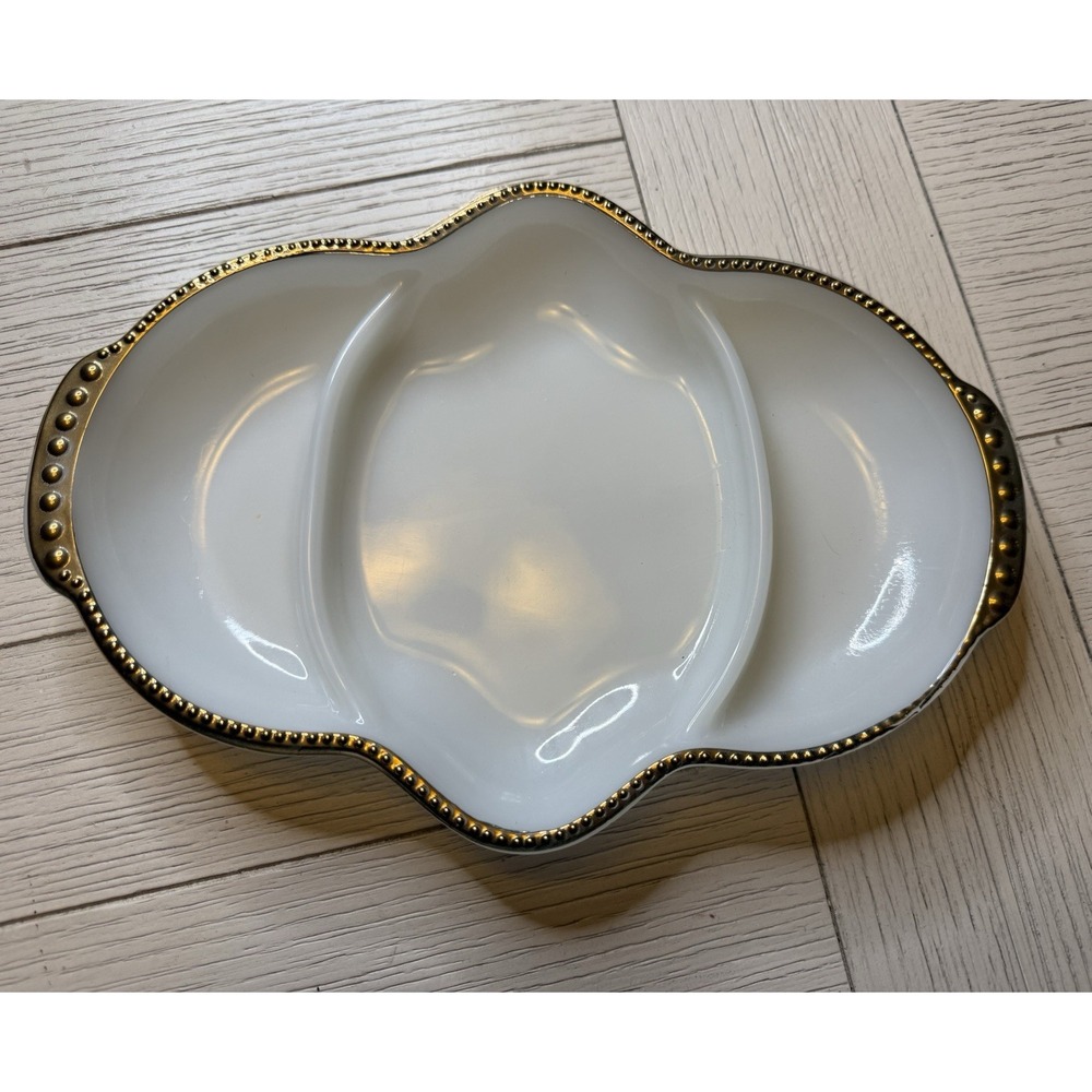 Anchor Hocking Fire King Divided Relish Milk Glass Serving Dish Gold Bead 11x8